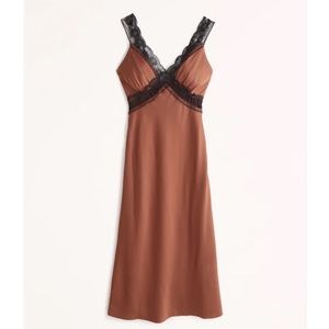 Abercrombie & Fitch Abercrombie Satin Slip Midi Dress in Bronze and Black Lace
